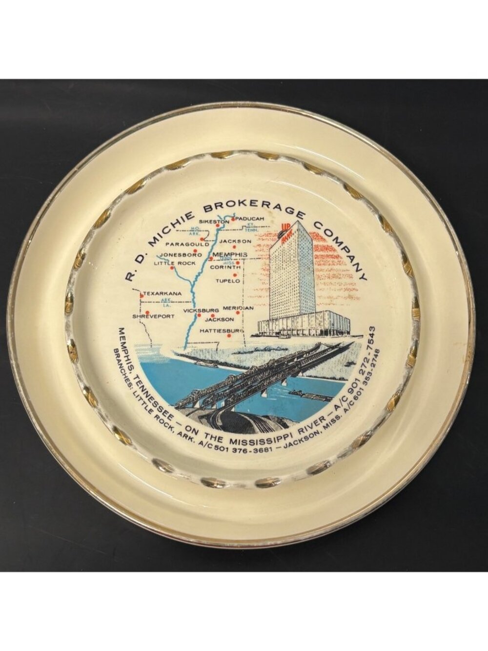R.D. Michie Brokerage Company Souvenir Ashtray Mississippi River Map Vintage